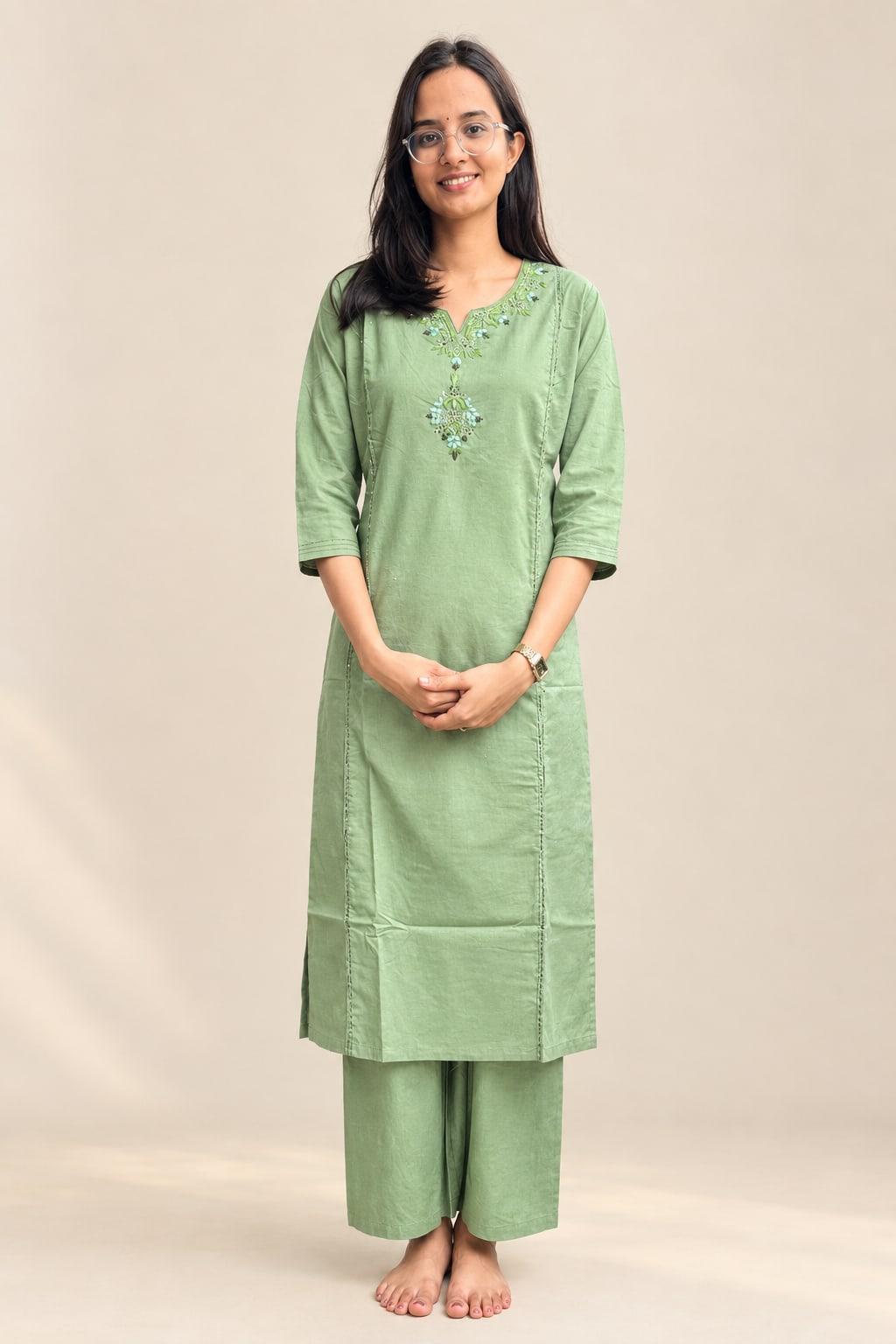 Moss Green floral embroidered suit set worn full length against a plain backdrop