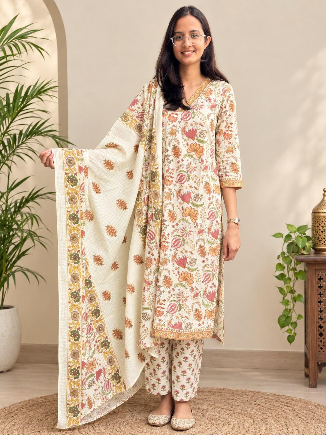 Cream floral jaal suit set worn full length, dupatta held open to the side