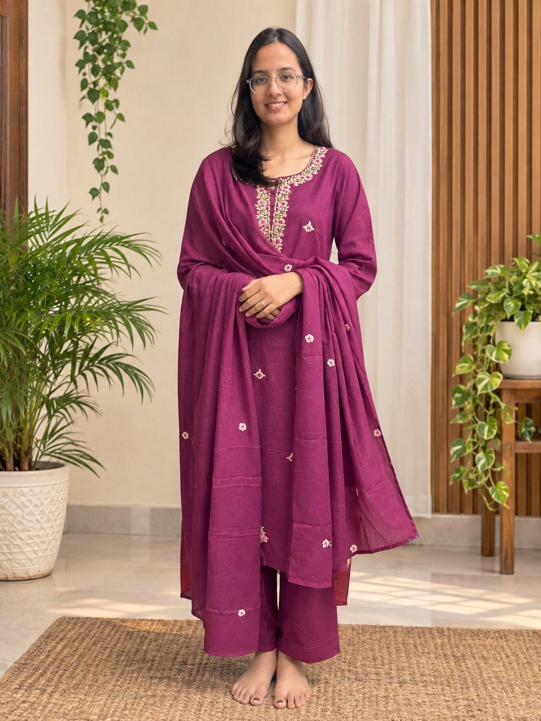 Wine floral vine suit set worn full length, dupatta draped across the front