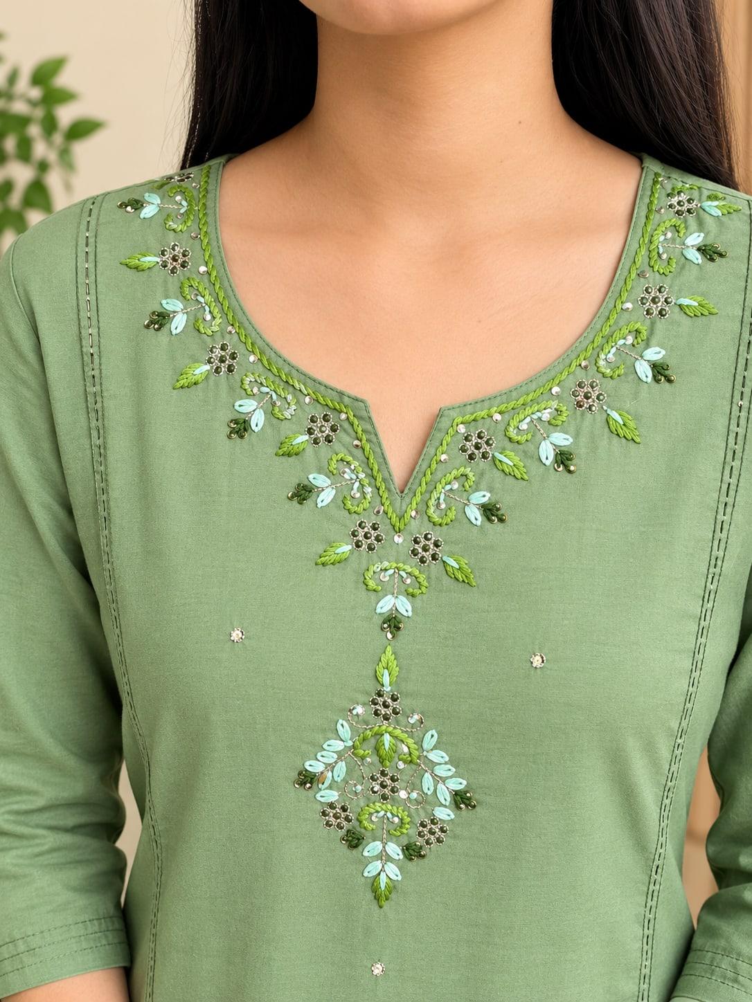 Moss Green floral embroidered kurta yoke, beaded and sequinned leaf embroidery