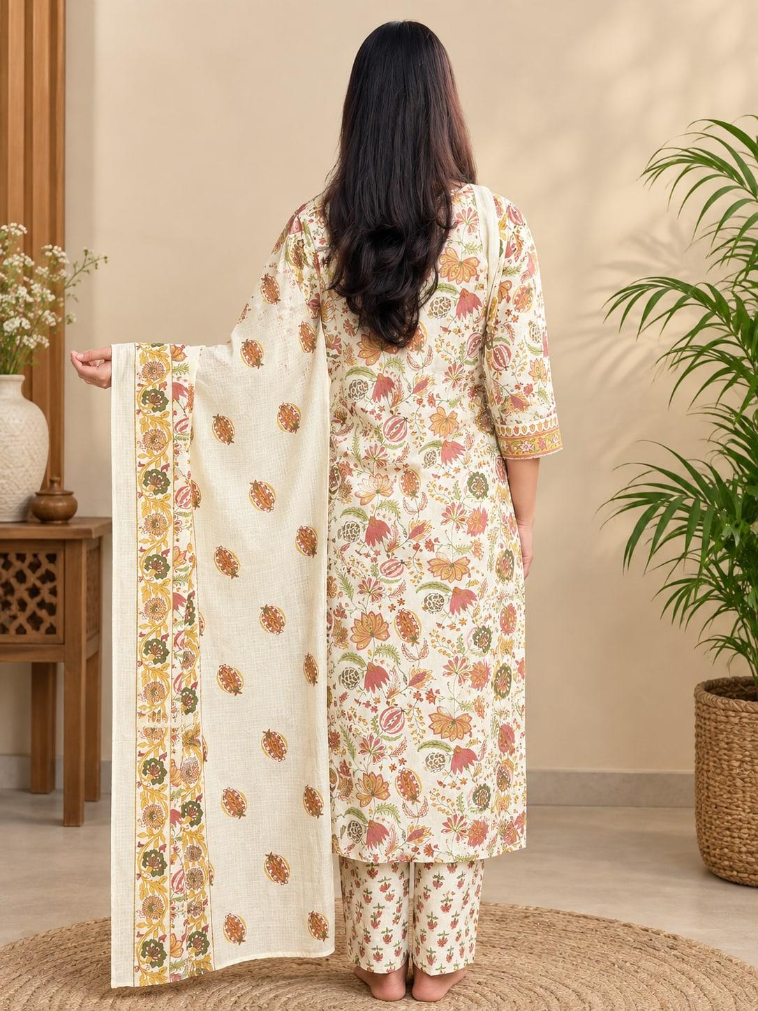 Cream floral jaal suit set from the back, dupatta held open