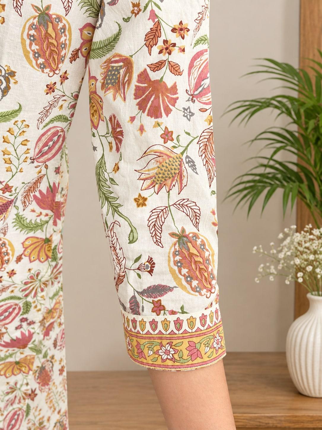 Cream floral jaal palazzo hem, printed floral border at the cuff