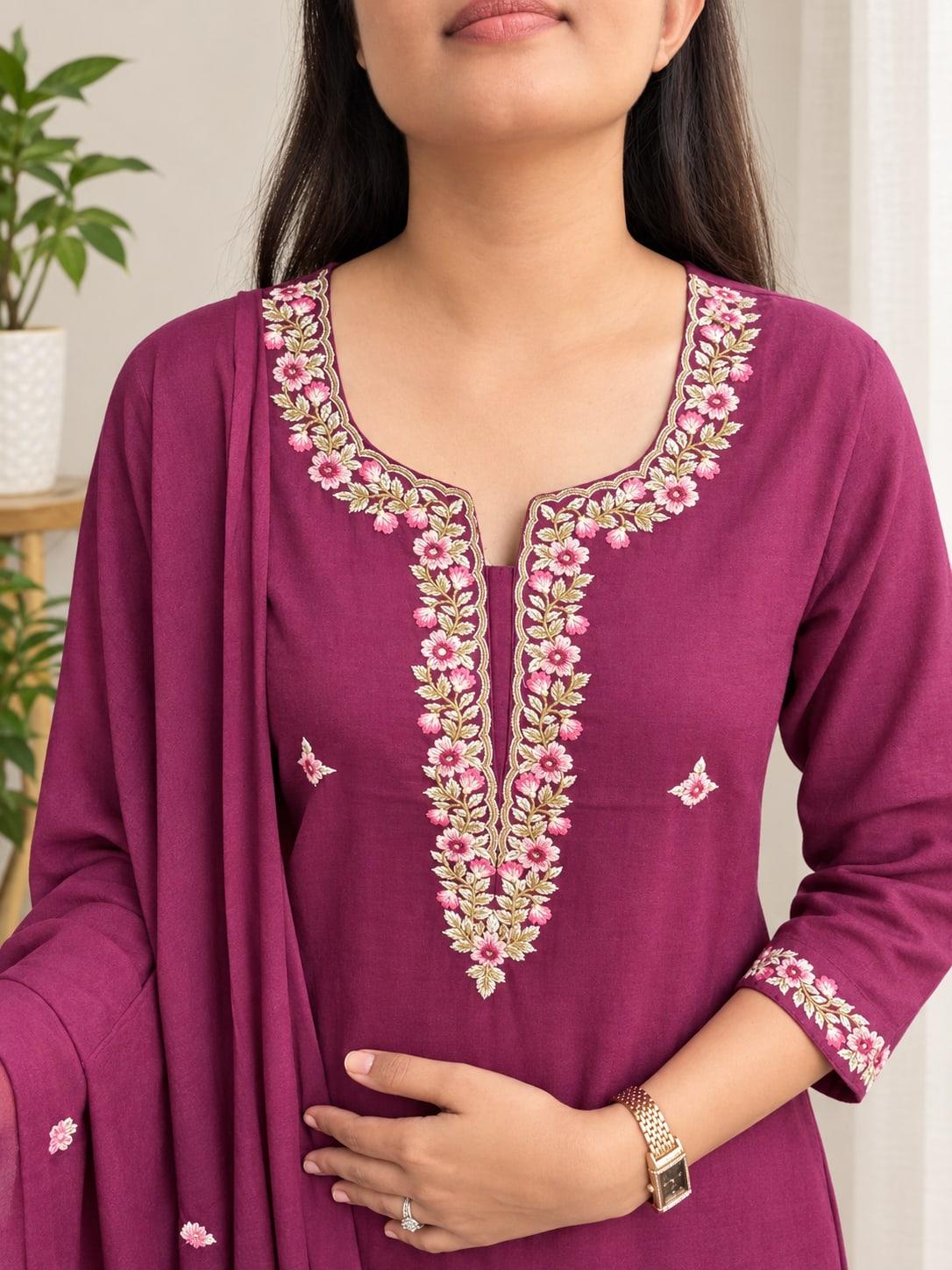 Wine floral vine kurta neckline, pink and ivory floral embroidery down the placket