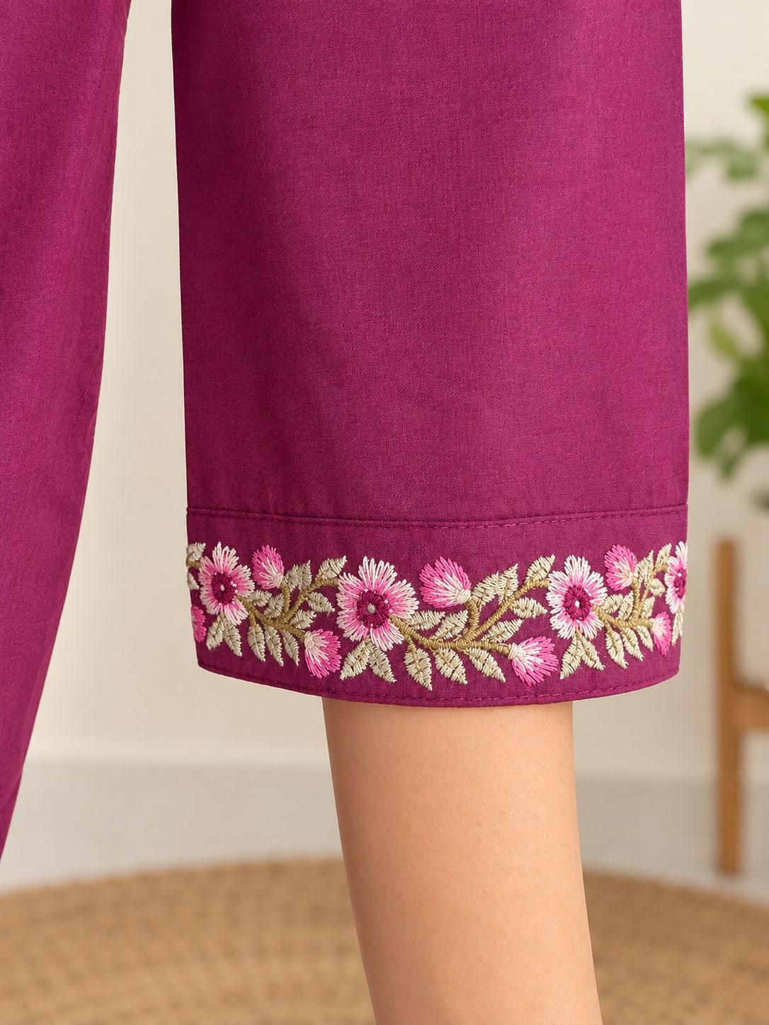 Wine floral vine palazzo hem, embroidered floral border along the cuff