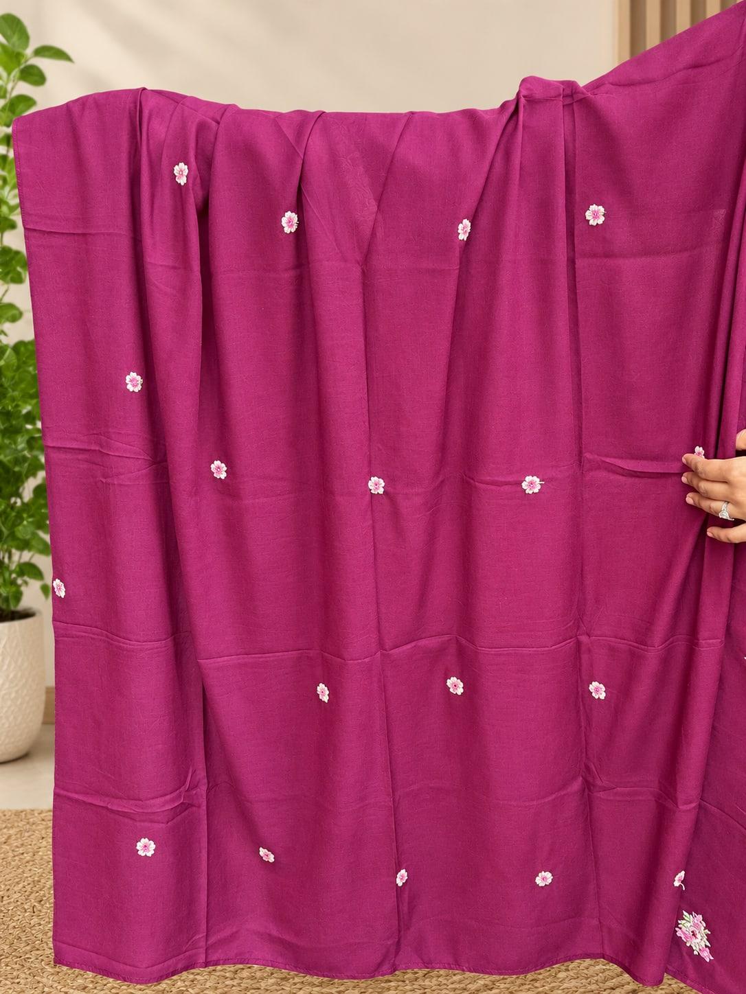 Wine floral vine dupatta held open, scattered floral buti across the width