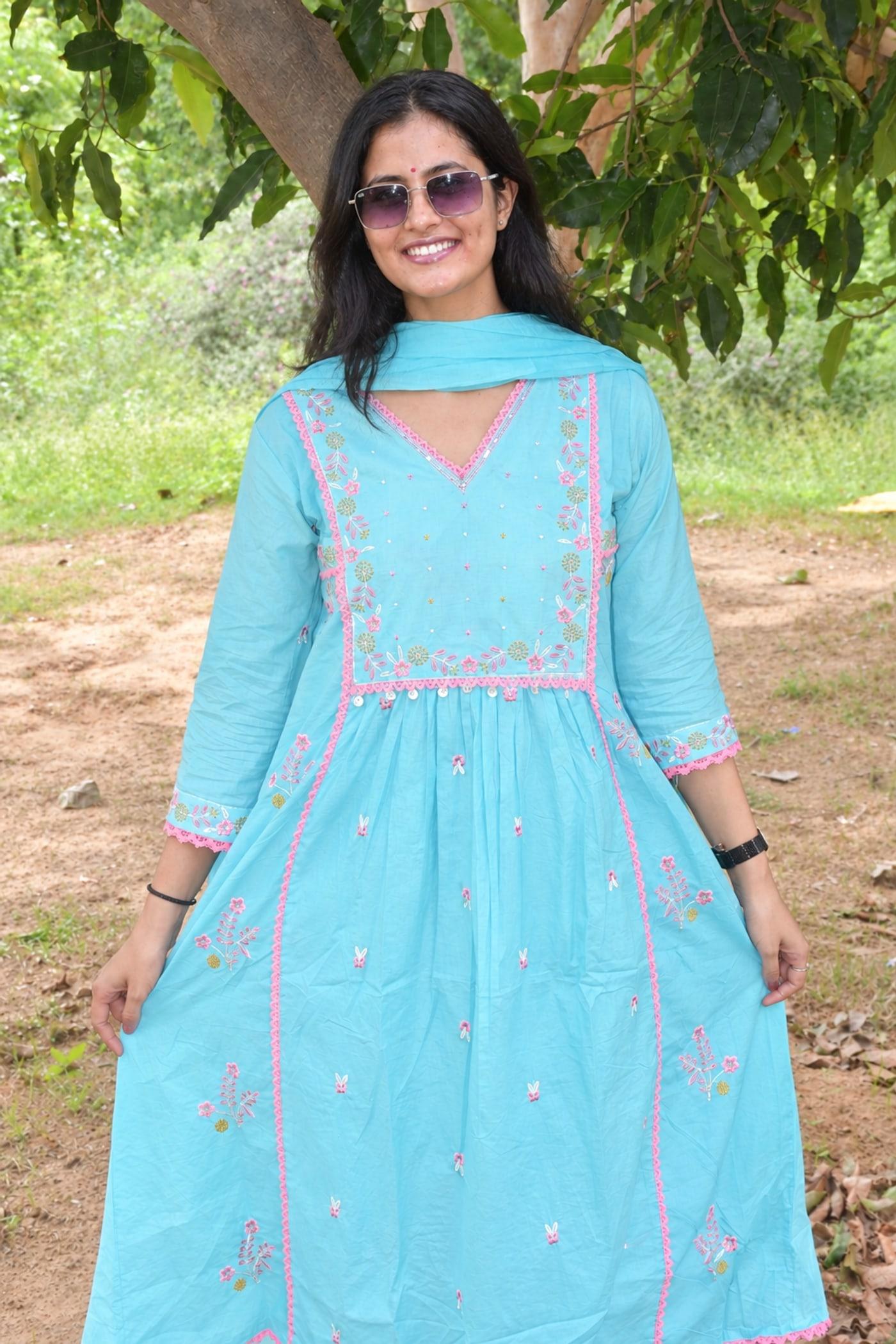 Sky Blue gathered floral suit set worn full length beside a tree, dupatta wrapped at the neck