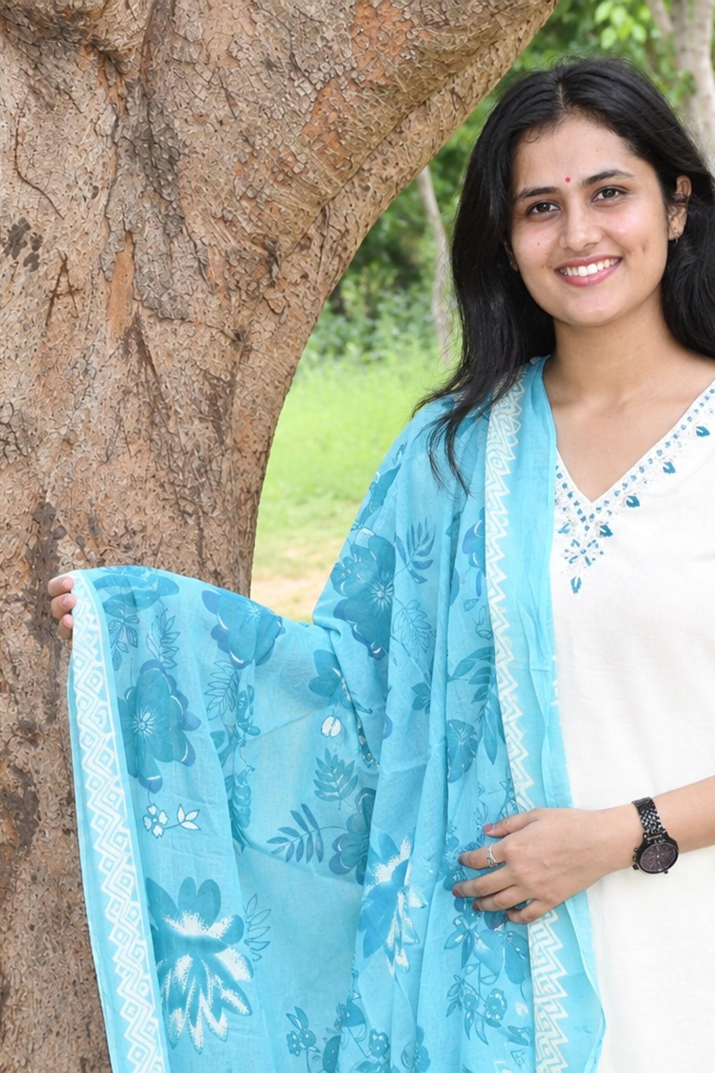 Ivory & Blue kurta worn close, teal dupatta held out, embroidered neckline in view