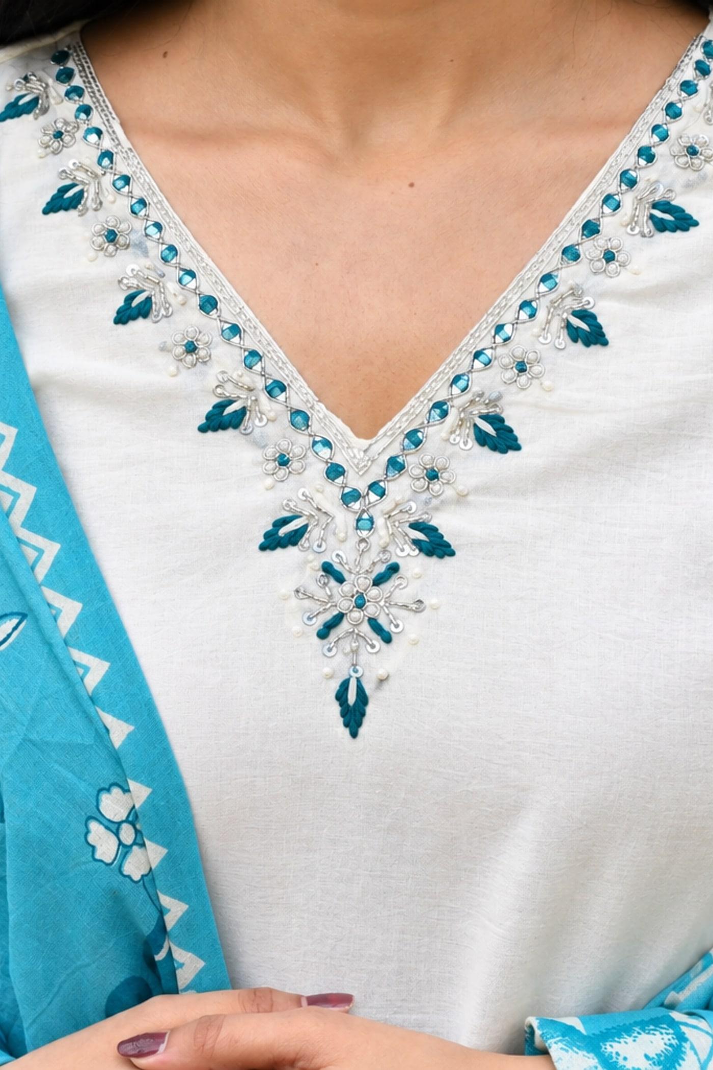 Ivory & Blue kurta neckline, mirror and bead embroidery in close detail