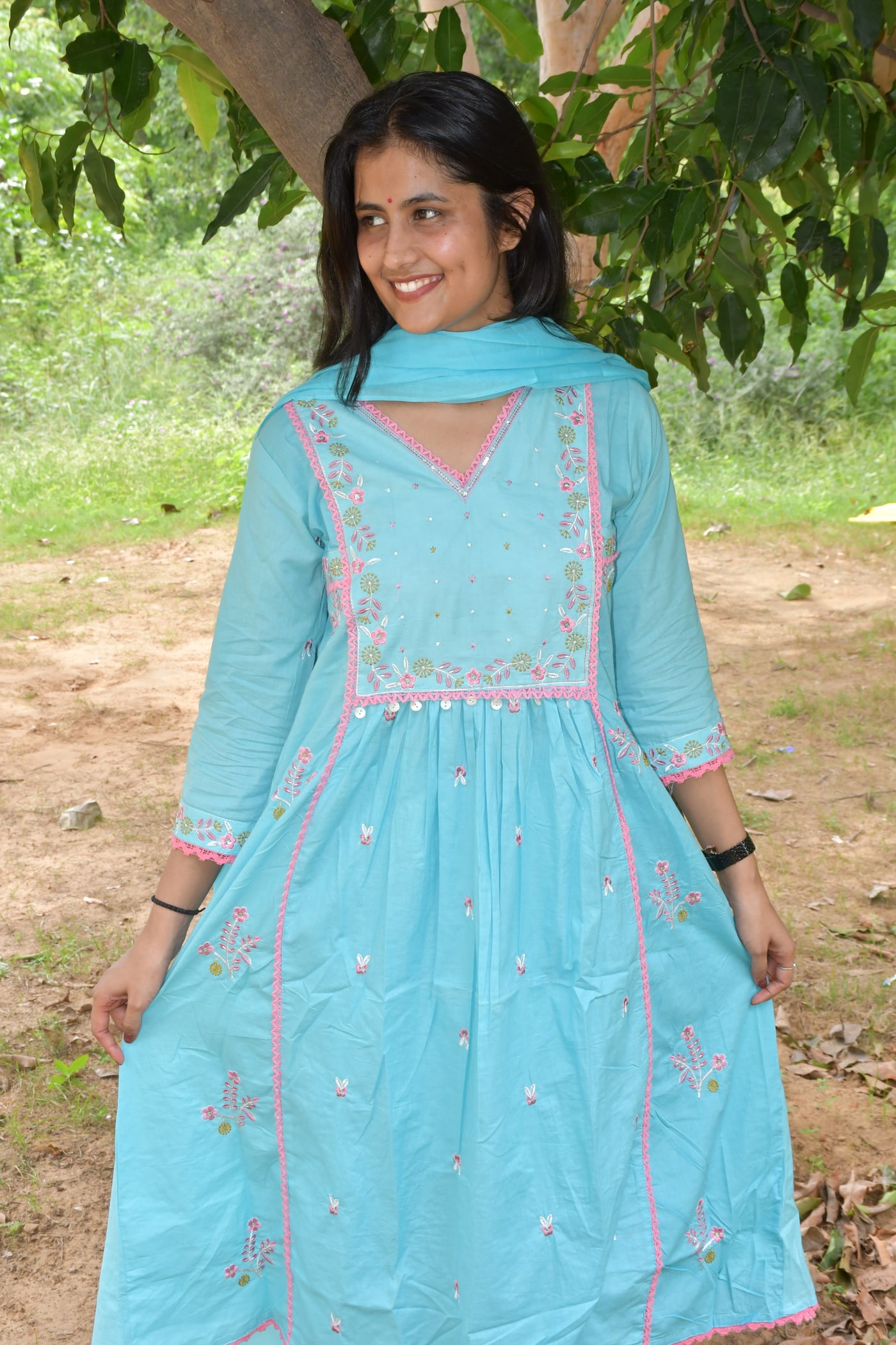 Sky Blue gathered kurta from the front, showing the full skirt