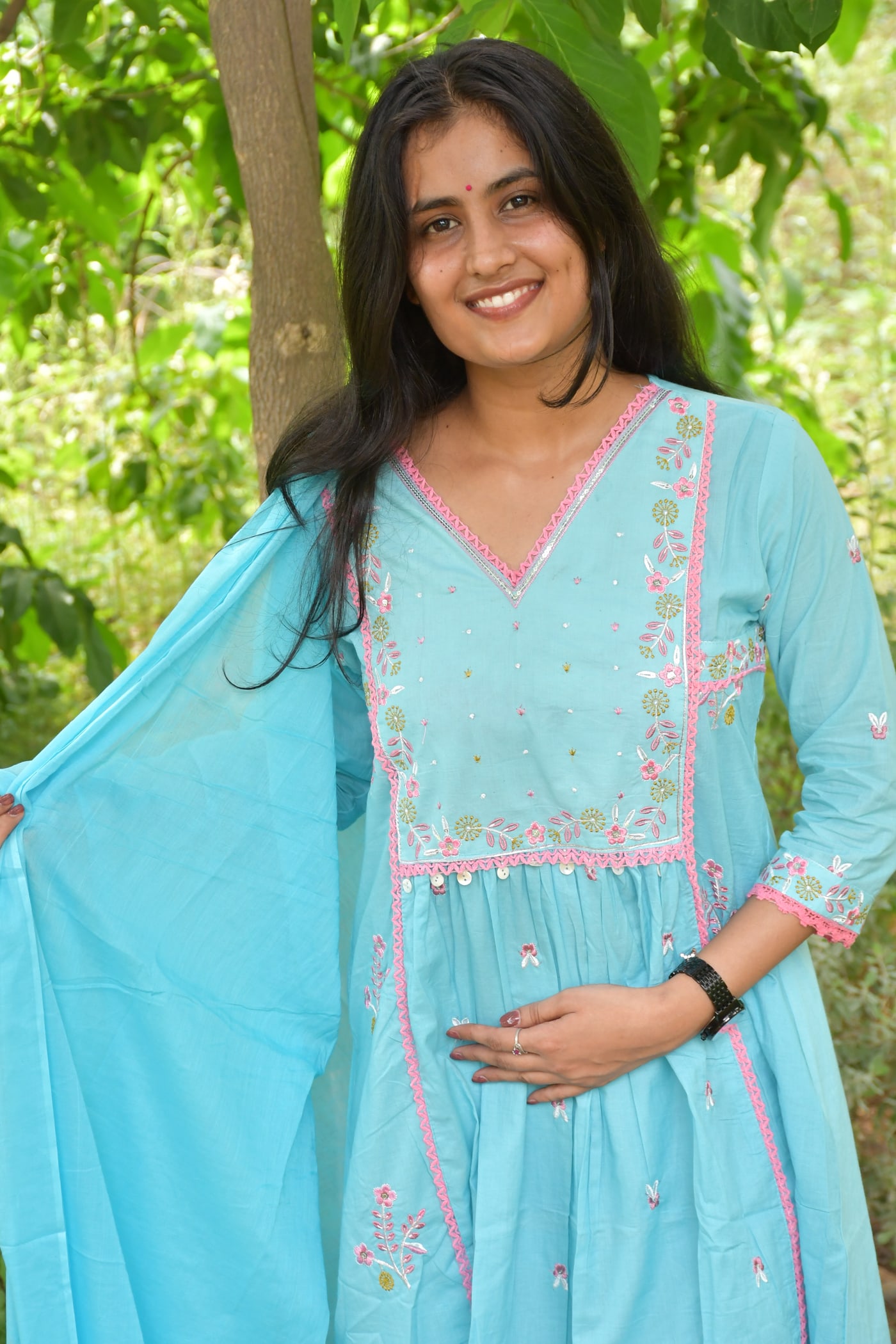 Sky Blue gathered kurta close, pink-braided placket in view