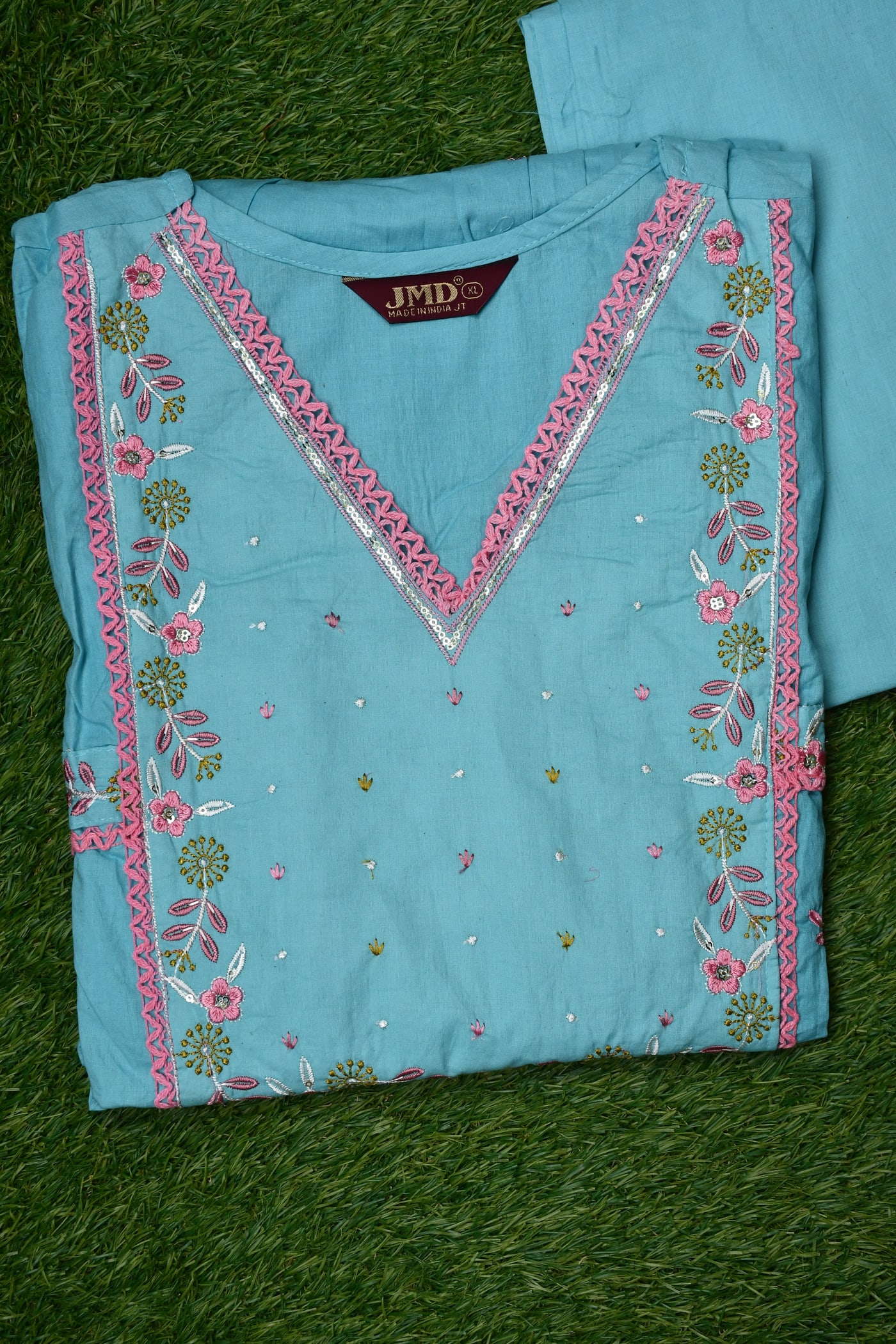Sky Blue gathered kurta laid flat, embroidered placket in full