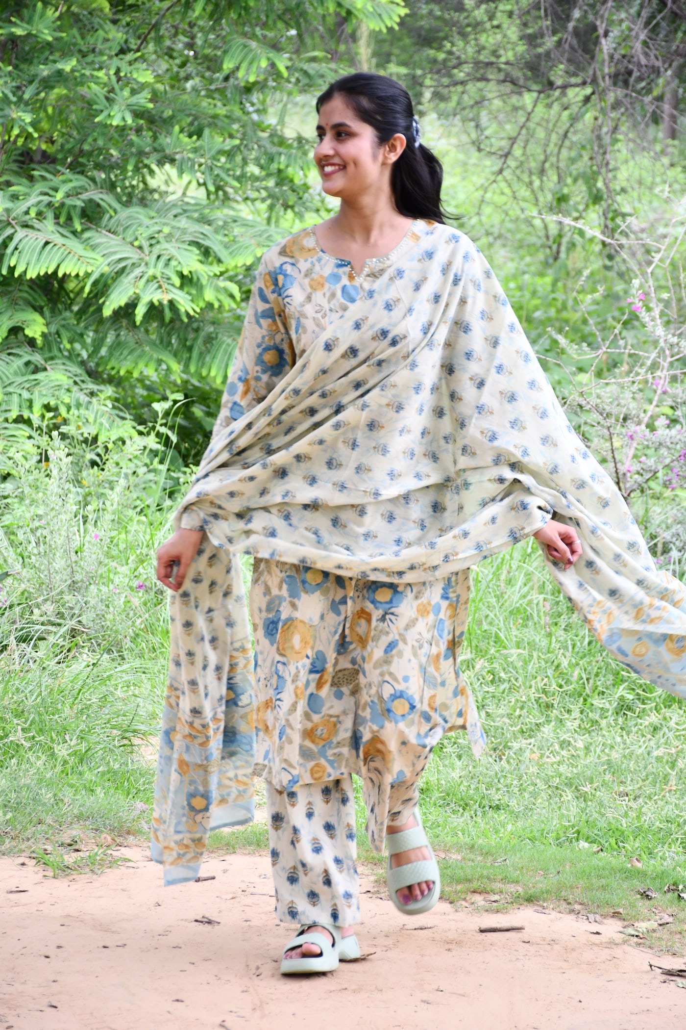 Ivory block print kurta and wide-leg pant seen full length