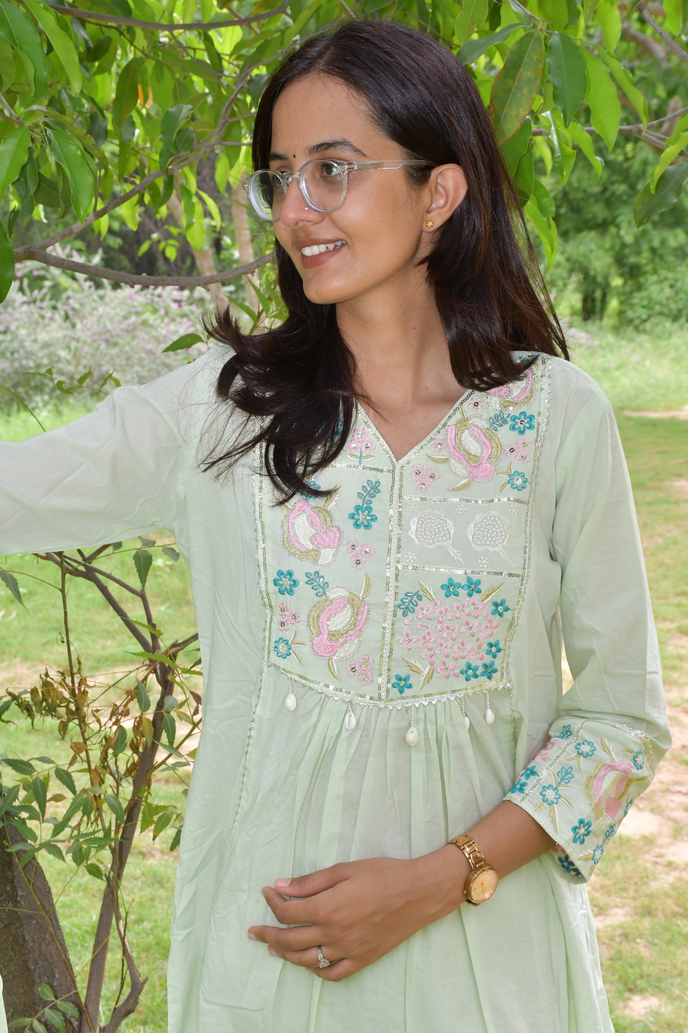 Mint pastel paisley kurta three-quarter, embroidered yoke in view