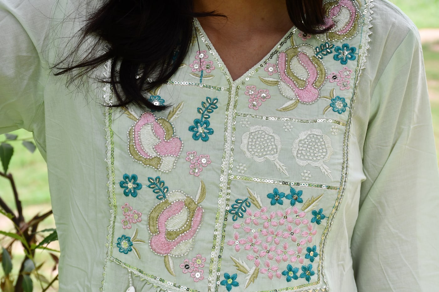 Mint pastel paisley yoke, mirrors and beadwork in detail