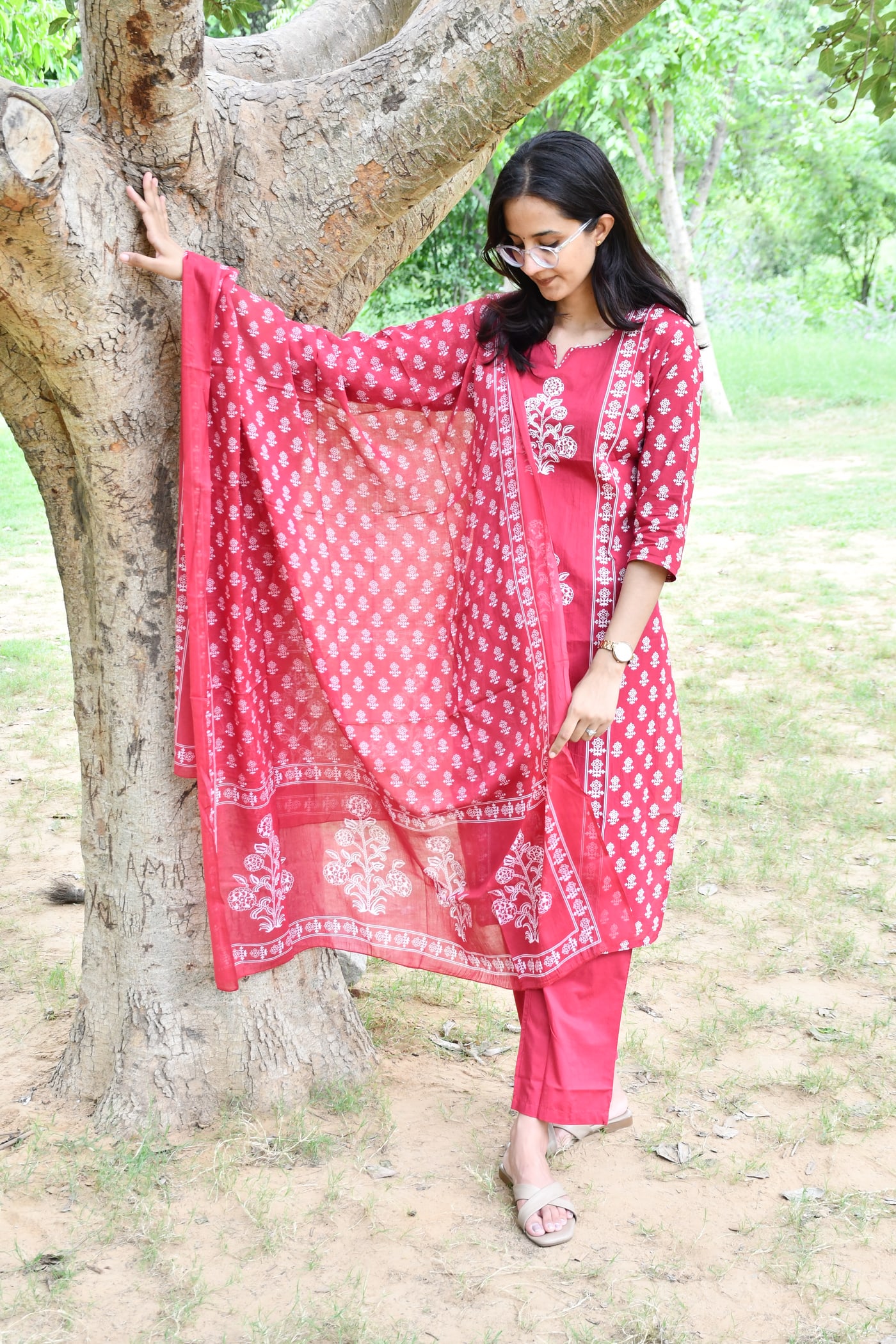Rani Pink block print kurta with the dupatta hanging open