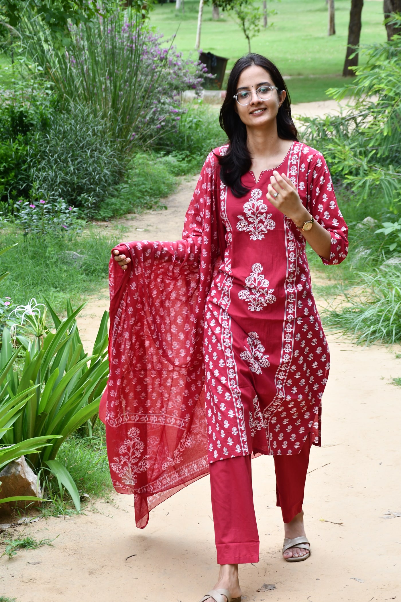 Rani Pink block print kurta and pant seen full length