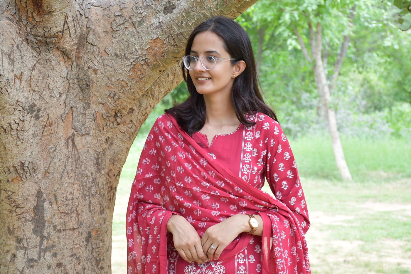 Rani Pink block print kurta seen close, centre motif in view